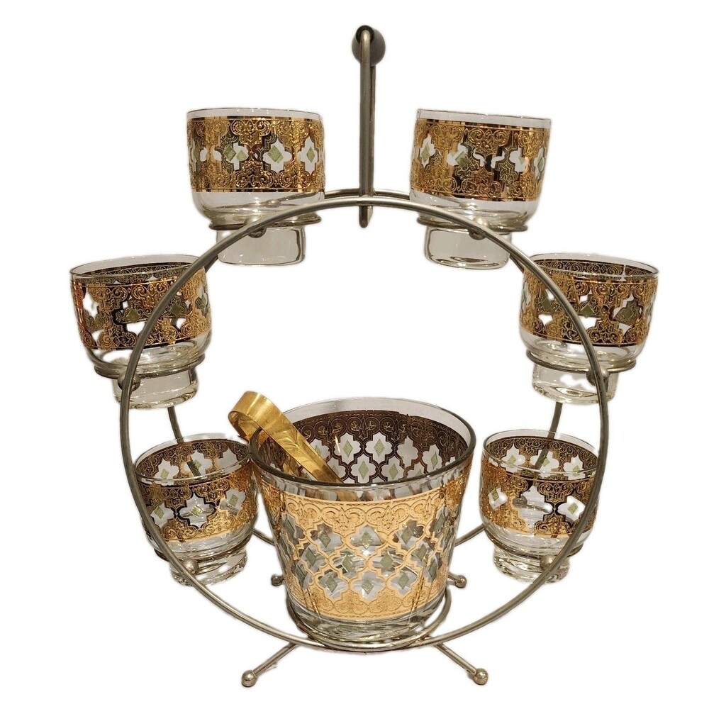 Vintage Culver Valencia 22K Gold 6 Glass Ice Bucket Caddy Set MCM 1960s